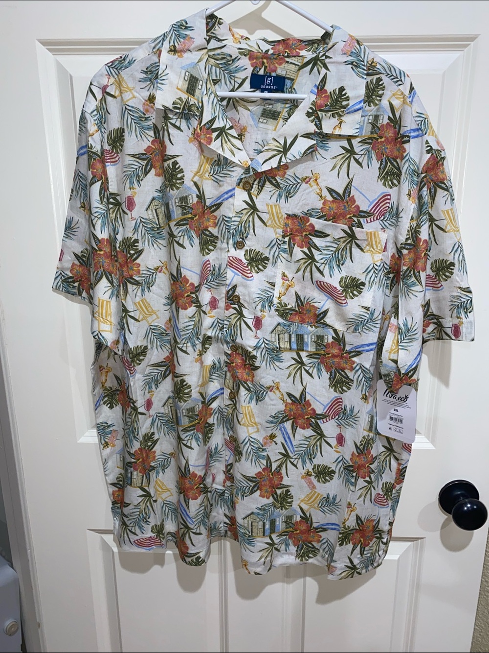 George White Tropical Camp Shirt with Orange Floral and Green Palm Print